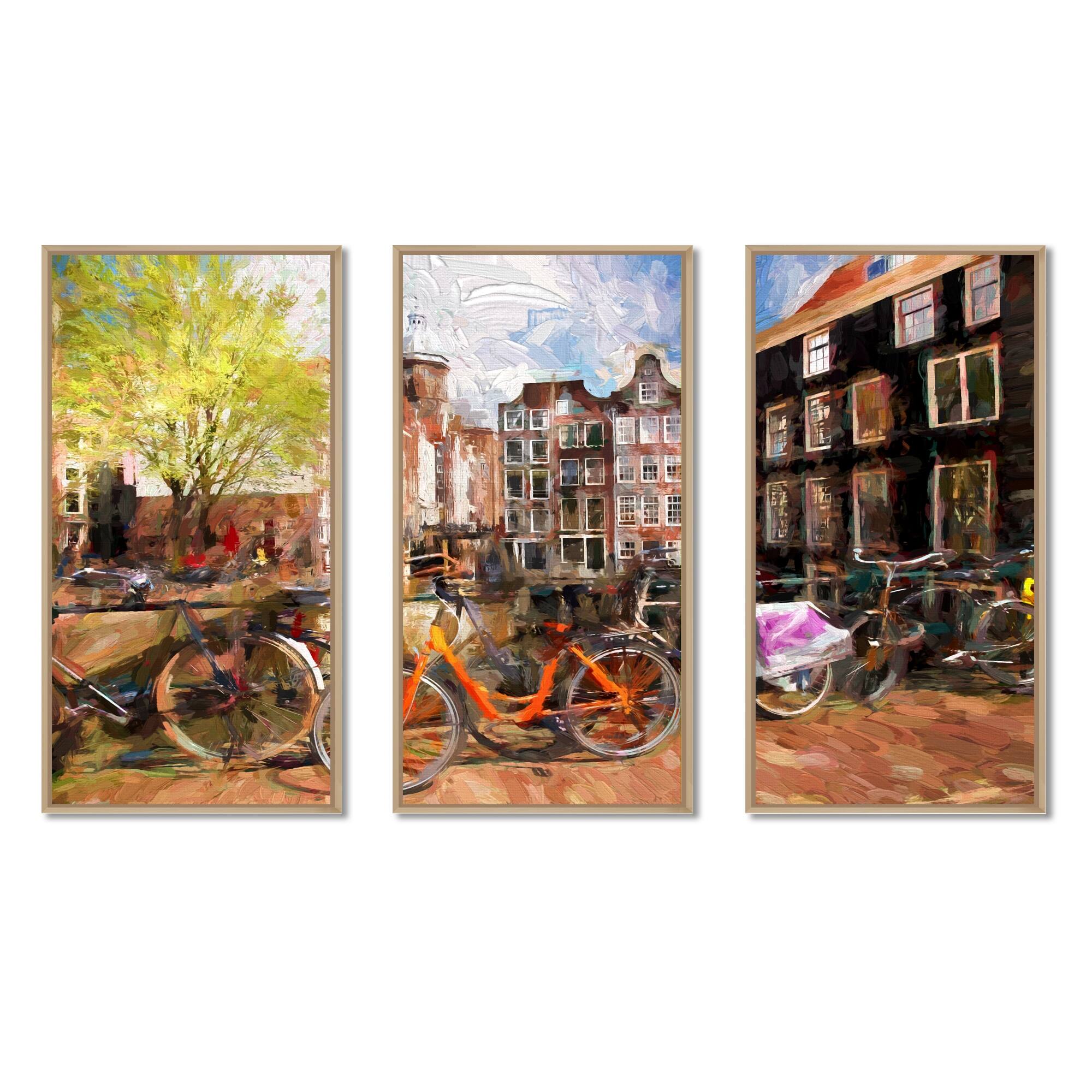 Designart "Amsterdam City Artwork" Landscape Framed Art Prints Set of 3
